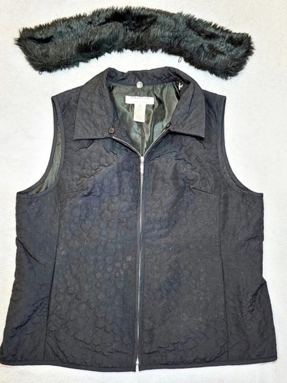 Apres Ski Quilted Vest with Removable Faux Fur Collar Black Petite Large